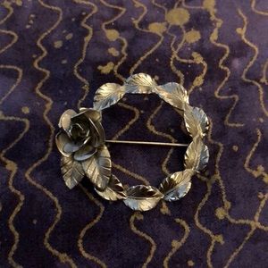 Silver Tone Vintage Rose Bloom and Rose Leaves Brooch (1960’s) Circle Pin